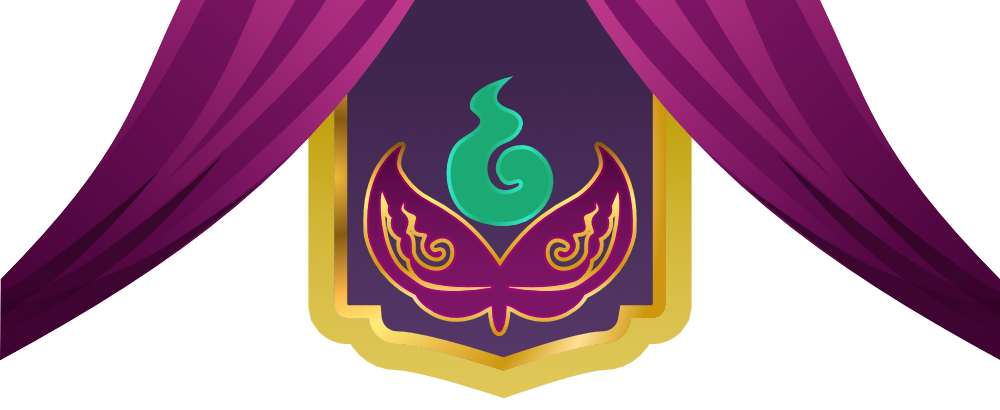 A hanging purple and gold banner with a butterfly on it, framed by two purple curtains.